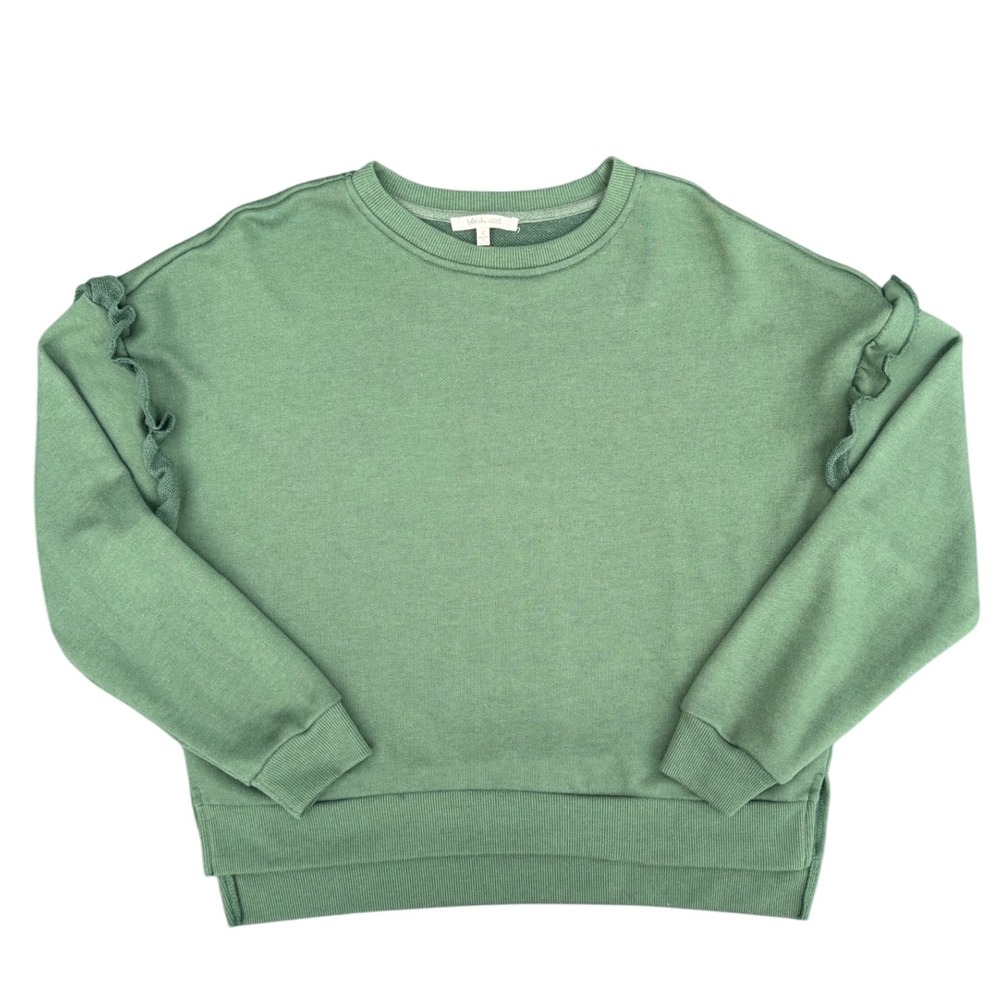 Green ruffle sleeve crewneck sweater women's small‎ soft knit top